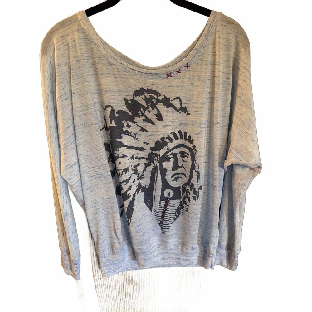 NEW BOHEMIAN COWGIRL women's dolman shirt with chief print in blue heather